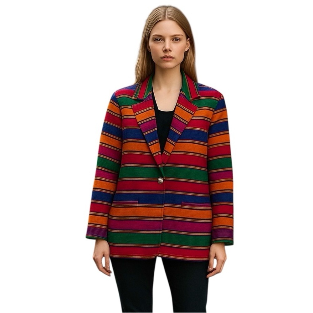 Vintage Weekend Wear 90s Striped Blanket Weave Jacket Long Western Aztec Blazer